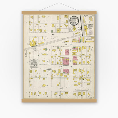 Old map wall art mockup — magnetic wood frame on white wall — Sanborn Fire Insurance Map from Ambia, Benton County, Indiana (1901), Sheet #0001
