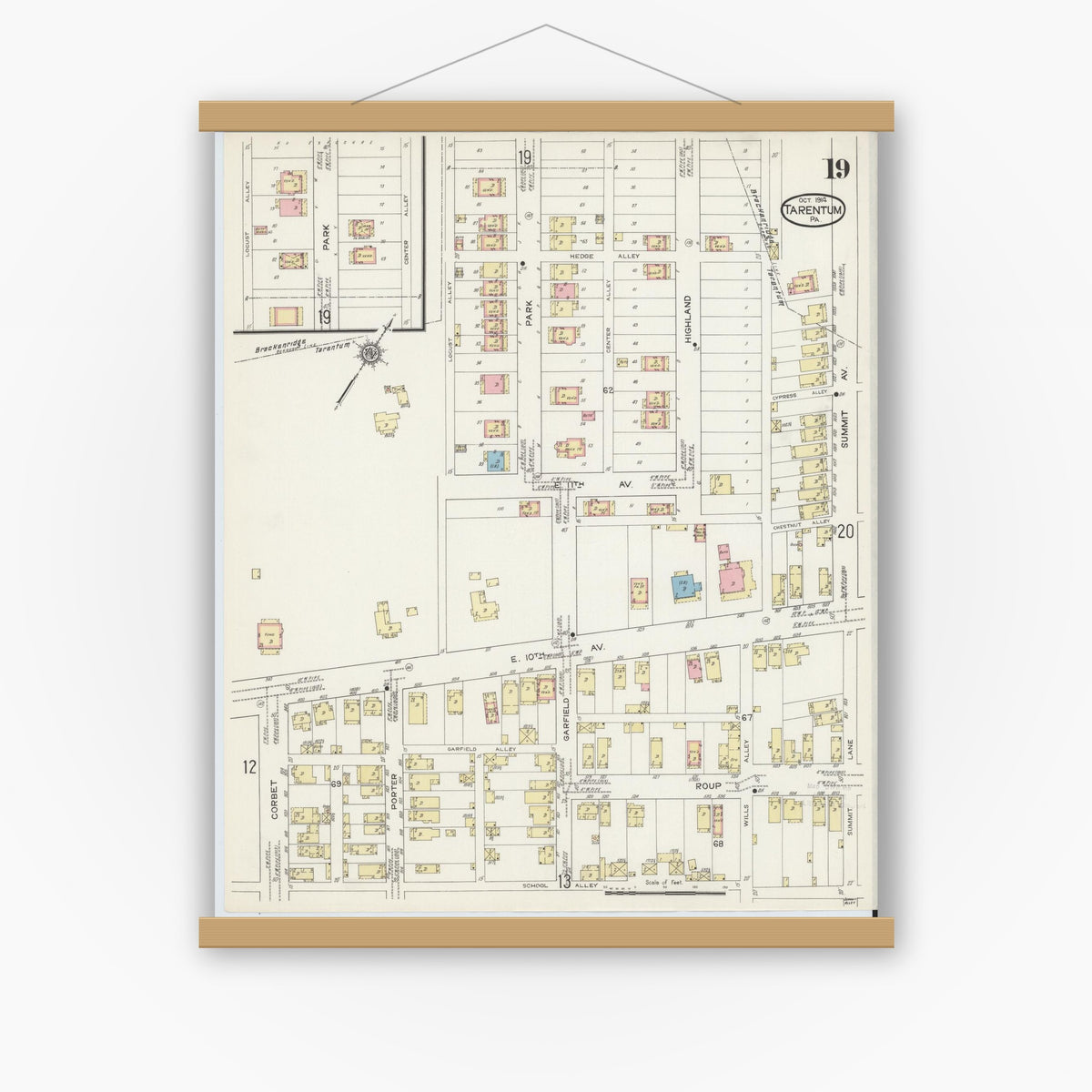Old map wall art mockup — magnetic wood frame on white wall — Sanborn Fire Insurance Map from Tarentum, Allegheny County, Pennsylvania (1914), Sheet #0019