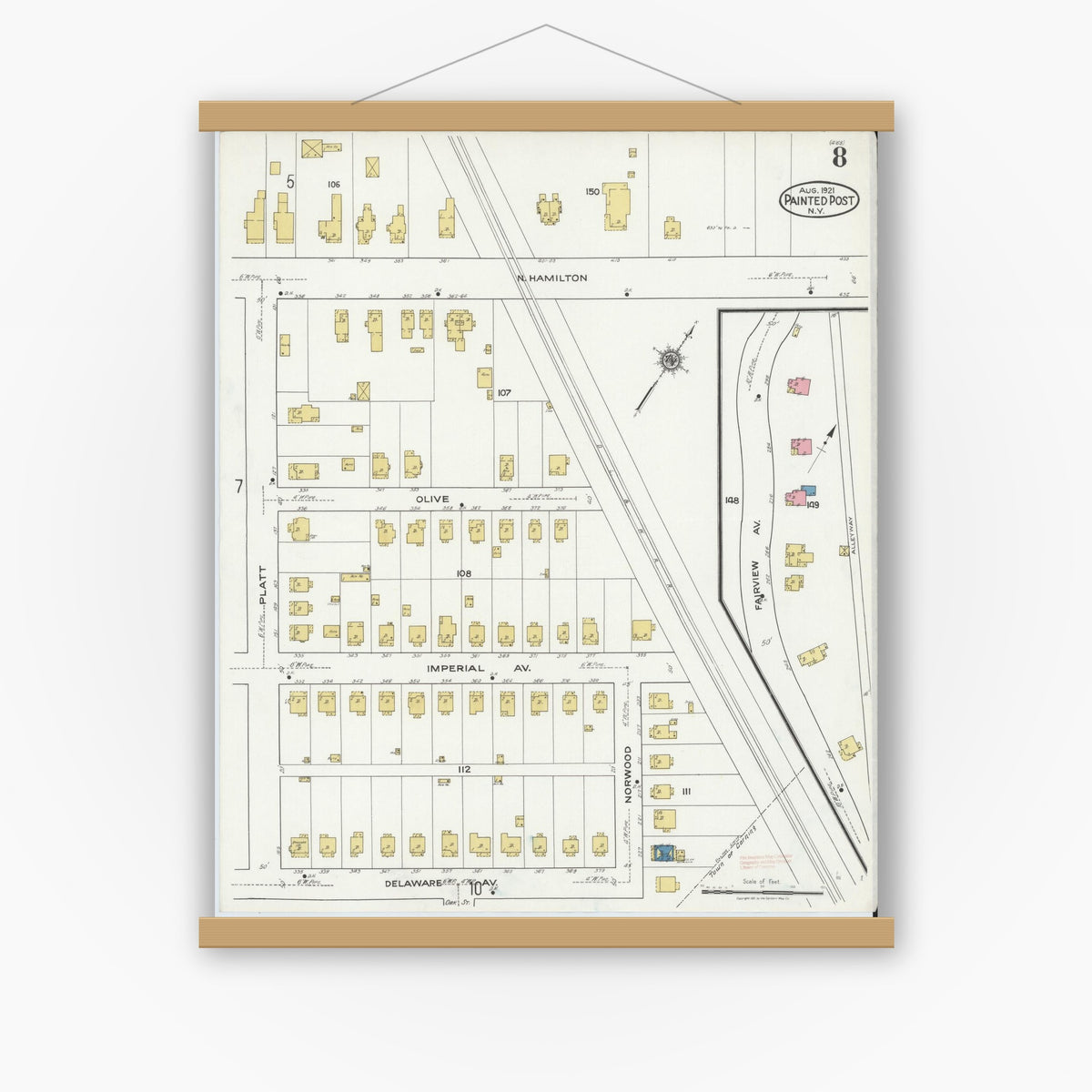 Old map wall art mockup — magnetic wood frame on white wall — Sanborn Fire Insurance Map from Painted Post, Steuben County, New York (1921), Sheet #0008