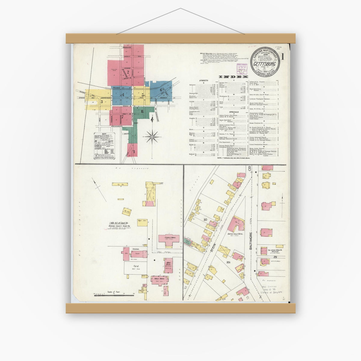Old map wall art mockup — magnetic wood frame on white wall — Sanborn Fire Insurance Map from Gettysburg, Adams County, Pennsylvania (1907) - Complete Map Set