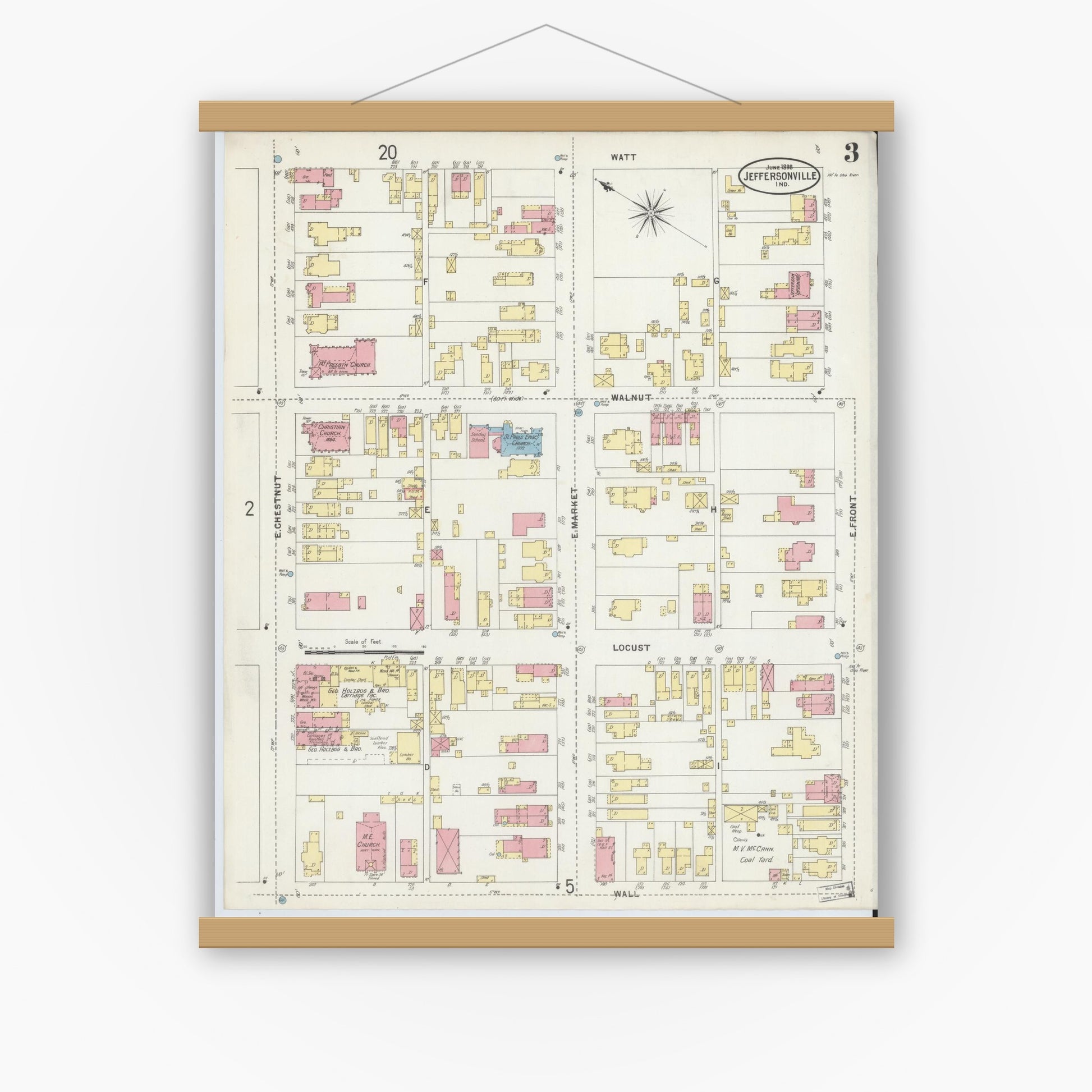 Old map wall art mockup — magnetic wood frame on white wall — Sanborn Fire Insurance Map from Jeffersonville, Clark County, Indiana (1898), Sheet #0003