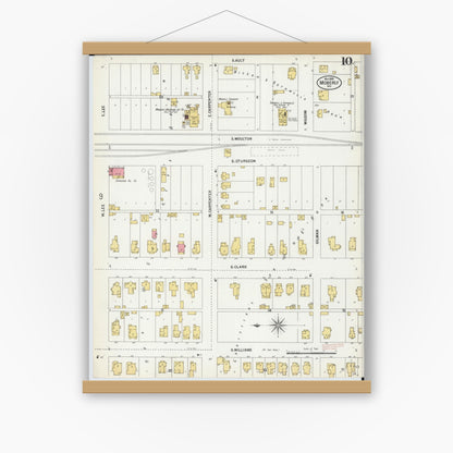 Old map wall art mockup — magnetic wood frame on white wall — Sanborn Fire Insurance Map from Moberly, Randolph County, Missouri (1899), Sheet #0010