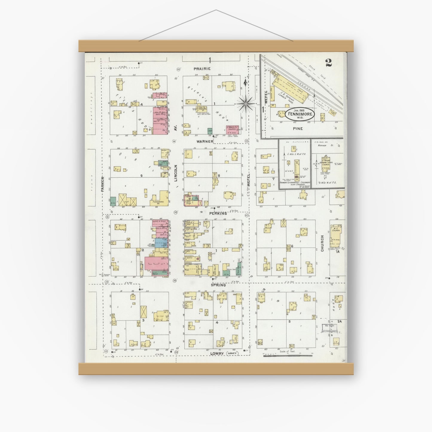 Old map wall art mockup — magnetic wood frame on white wall — Sanborn Fire Insurance Map from Fennimore, Grant County, Wisconsin (1905), Sheet #0002