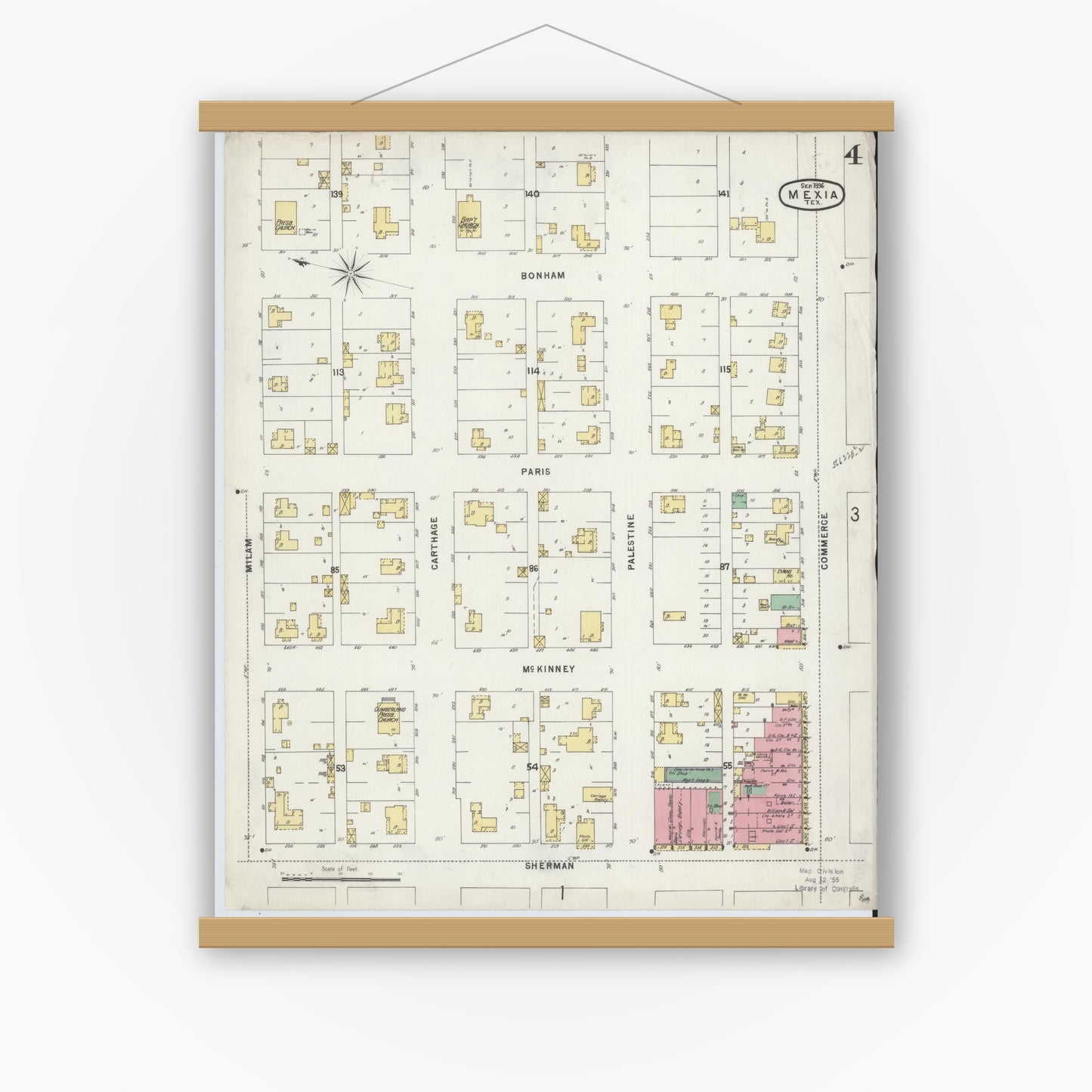 Old map wall art mockup — magnetic wood frame on white wall — Sanborn Fire Insurance Map from Mexia, Limestone County, Texas (1896), Sheet #0004