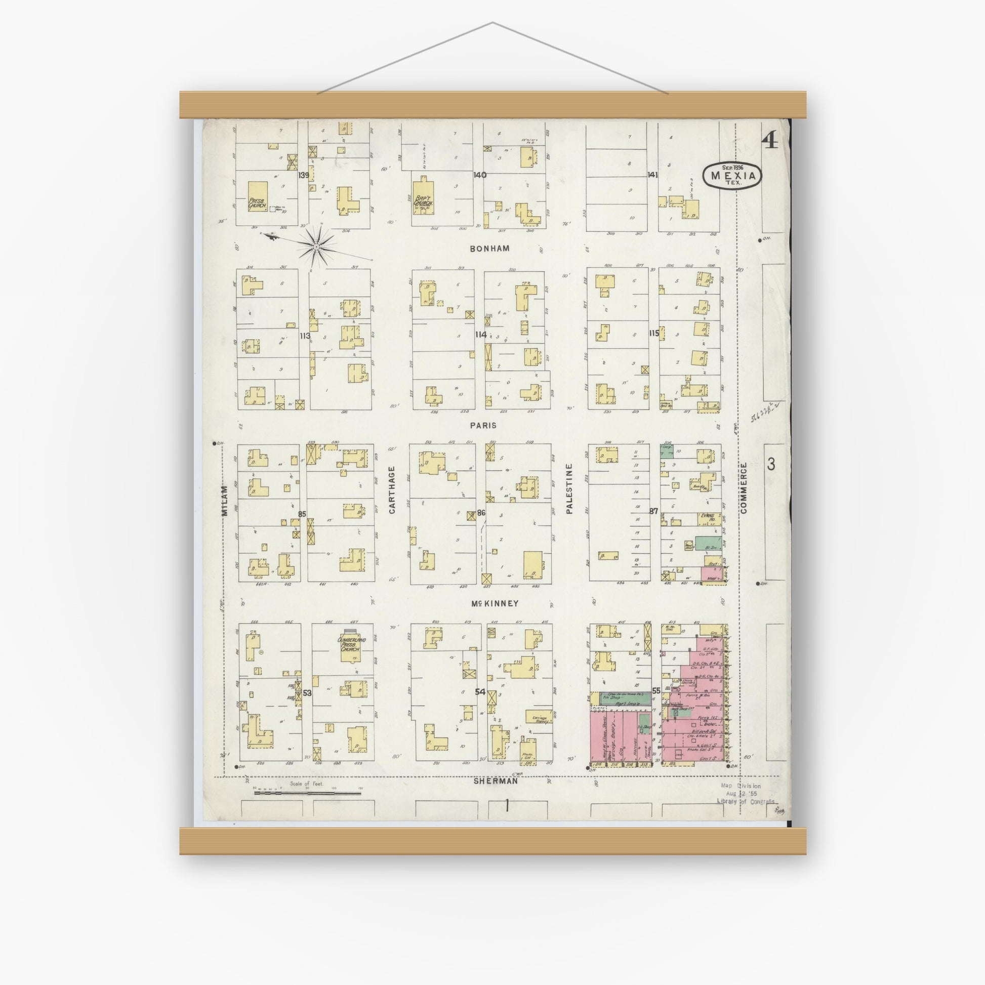 Old map wall art mockup — magnetic wood frame on white wall — Sanborn Fire Insurance Map from Mexia, Limestone County, Texas (1896), Sheet #0004