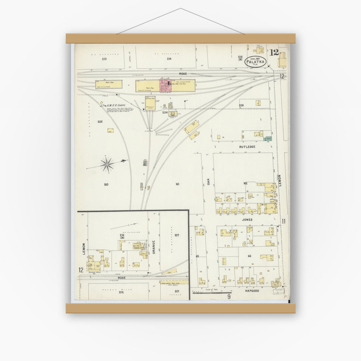 Old map wall art mockup — magnetic wood frame on white wall — Sanborn Fire Insurance Map from Palatka, Putnam County, Florida (1897), Sheet #0012
