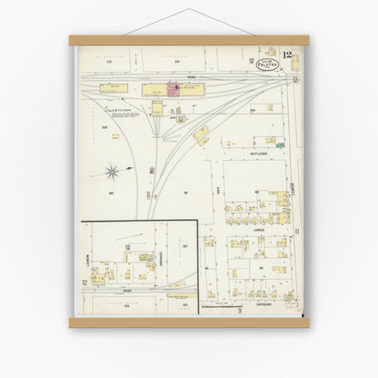 Old map wall art mockup — magnetic wood frame on white wall — Sanborn Fire Insurance Map from Palatka, Putnam County, Florida (1897), Sheet #0012