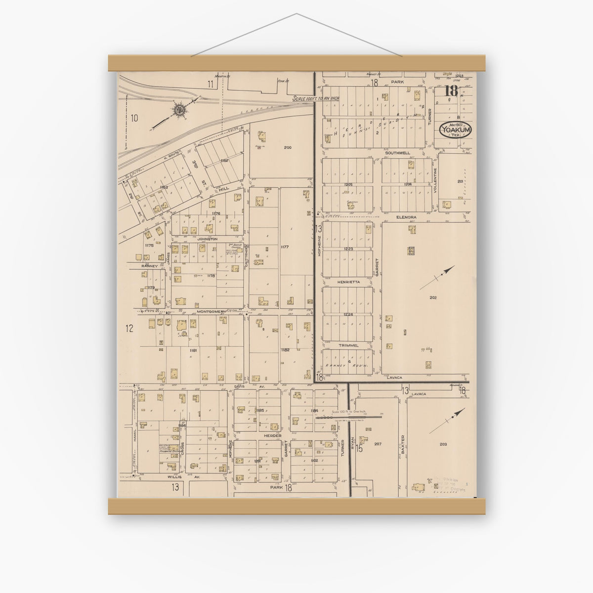 Old map wall art mockup — magnetic wood frame on white wall — Sanborn Fire Insurance Map from Yoakum, De Witt And Lavaca Counties, Texas (1922), Sheet #0018