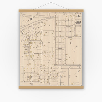 Old map wall art mockup — magnetic wood frame on white wall — Sanborn Fire Insurance Map from Yoakum, De Witt And Lavaca Counties, Texas (1922), Sheet #0018