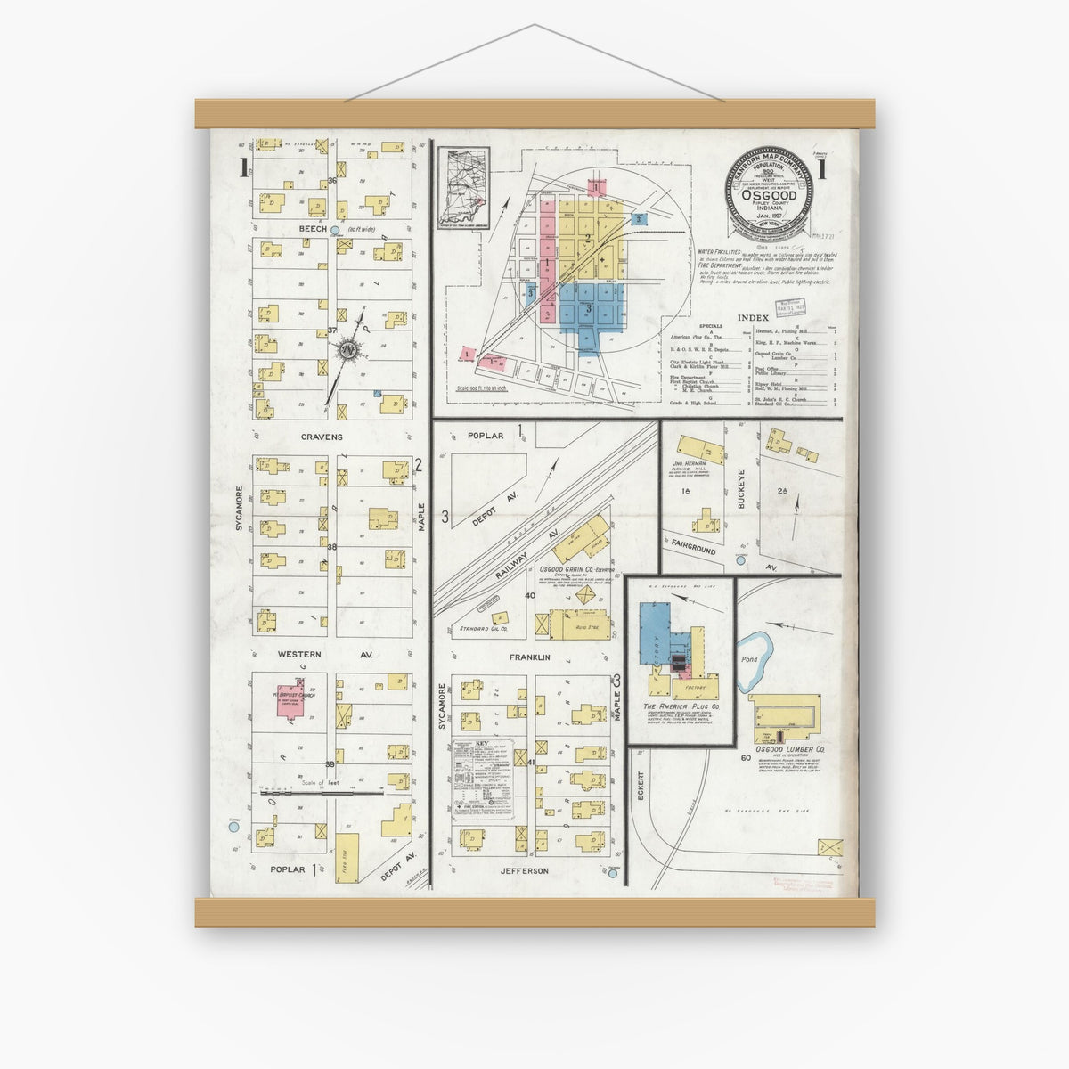 Old map wall art mockup — magnetic wood frame on white wall — Sanborn Fire Insurance Map from Osgood, Ripley County, Indiana (1927), Sheet #0001