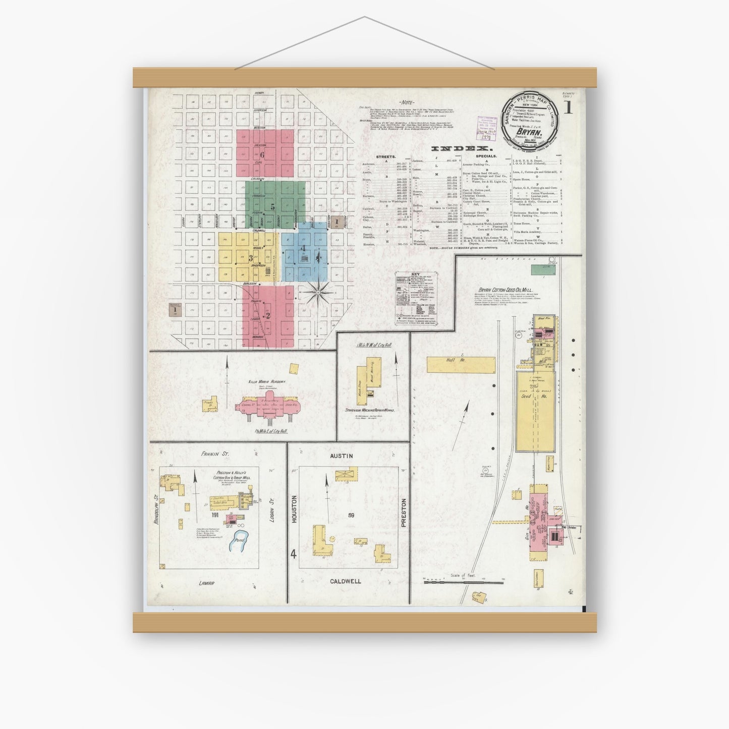 Old map wall art mockup — magnetic wood frame on white wall — Sanborn Fire Insurance Map from Bryan, Brazos County, Texas (1901), Sheet #0001