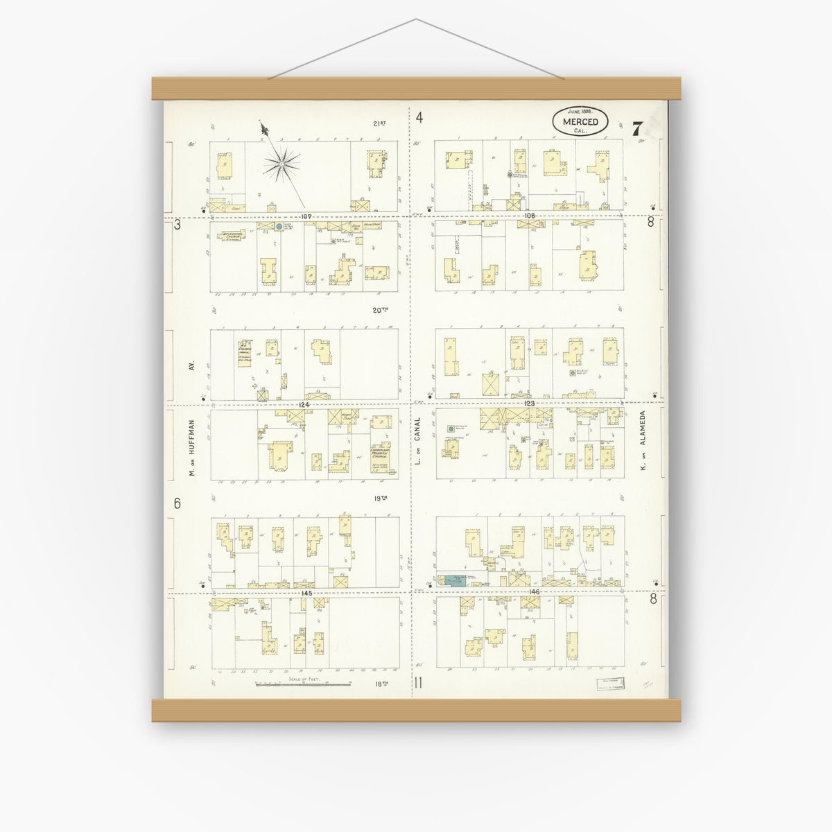 Old map wall art mockup — magnetic wood frame on white wall — Sanborn Fire Insurance Map from Merced, Merced County, California (1898), Sheet #0007