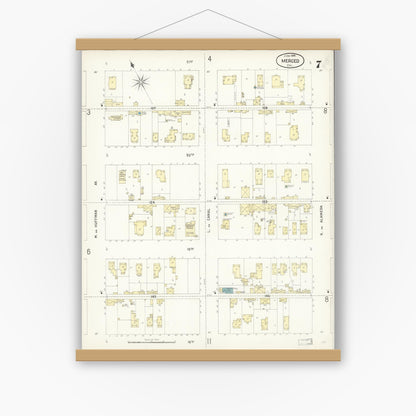 Old map wall art mockup — magnetic wood frame on white wall — Sanborn Fire Insurance Map from Merced, Merced County, California (1898), Sheet #0007