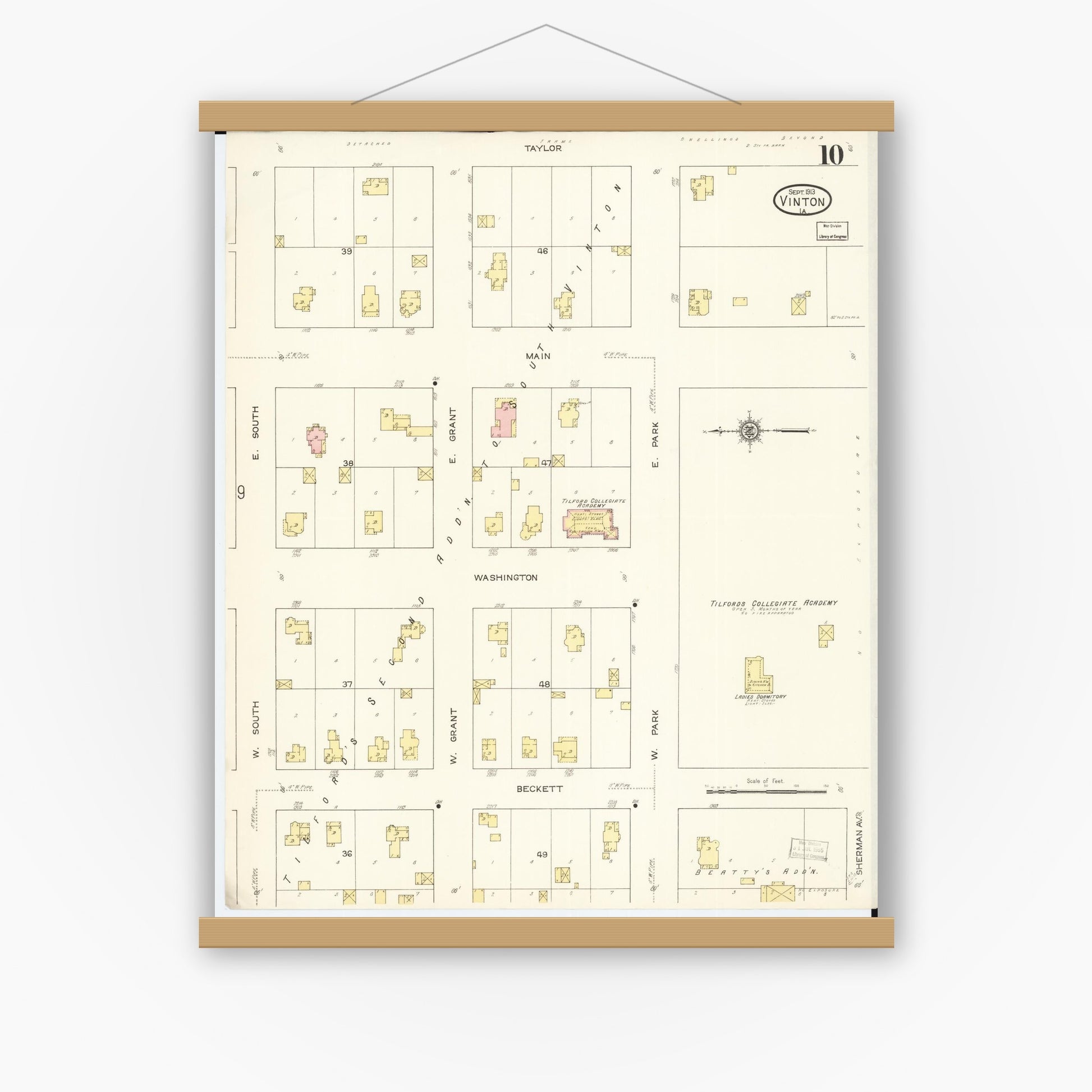 Old map wall art mockup — magnetic wood frame on white wall — Sanborn Fire Insurance Map from Vinton, Benton County, Iowa (1913), Sheet #0010