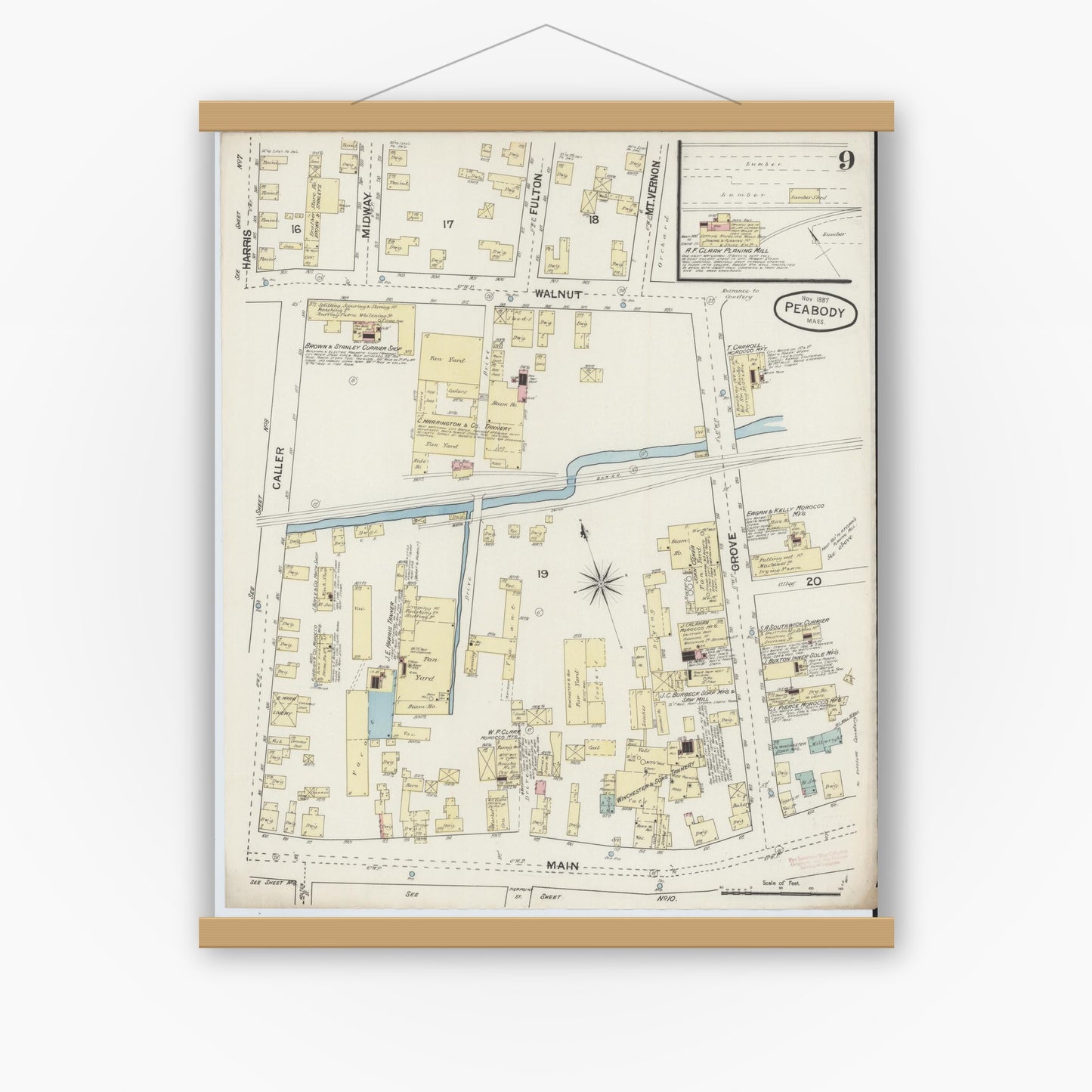 Old map wall art mockup — magnetic wood frame on white wall — Sanborn Fire Insurance Map from Peabody, Essex County, Massachusetts (1887), Sheet #0009