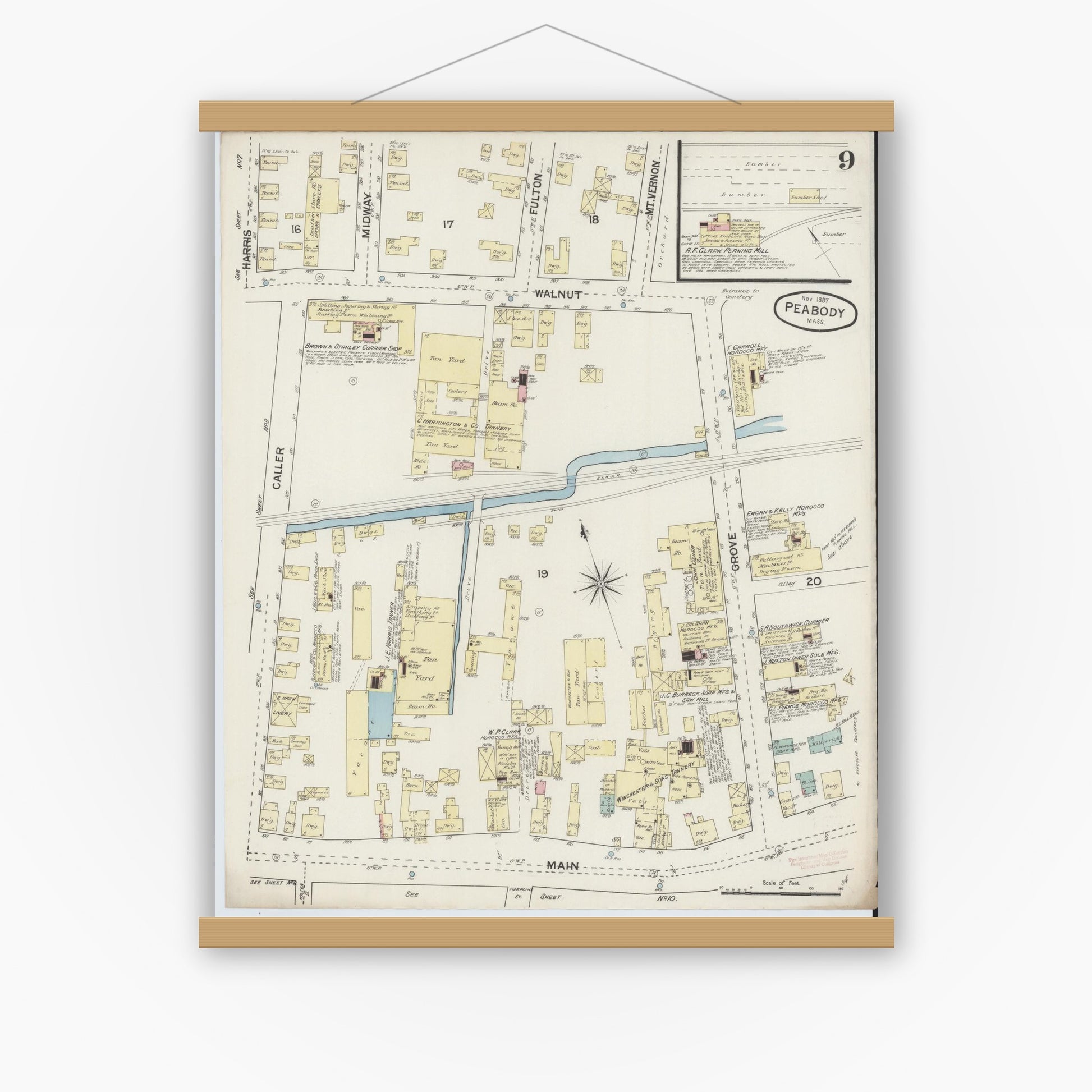 Old map wall art mockup — magnetic wood frame on white wall — Sanborn Fire Insurance Map from Peabody, Essex County, Massachusetts (1887), Sheet #0009