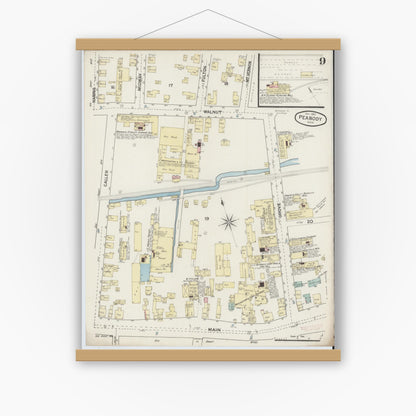 Old map wall art mockup — magnetic wood frame on white wall — Sanborn Fire Insurance Map from Peabody, Essex County, Massachusetts (1887), Sheet #0009