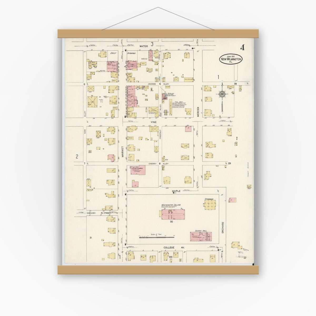 Old map wall art mockup — magnetic wood frame on white wall — Sanborn Fire Insurance Map from New Wilmington, Lawrence County, Pennsylvania (1912), Sheet #0004