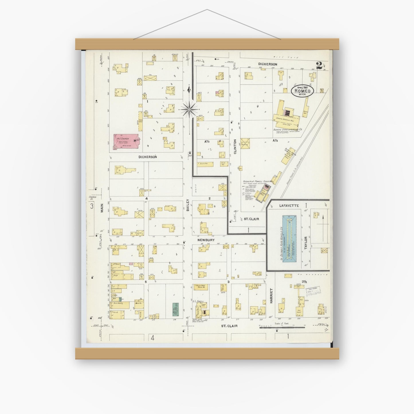 Old map wall art mockup — magnetic wood frame on white wall — Sanborn Fire Insurance Map from Romeo, Macomb County, Michigan (1907), Sheet #0002
