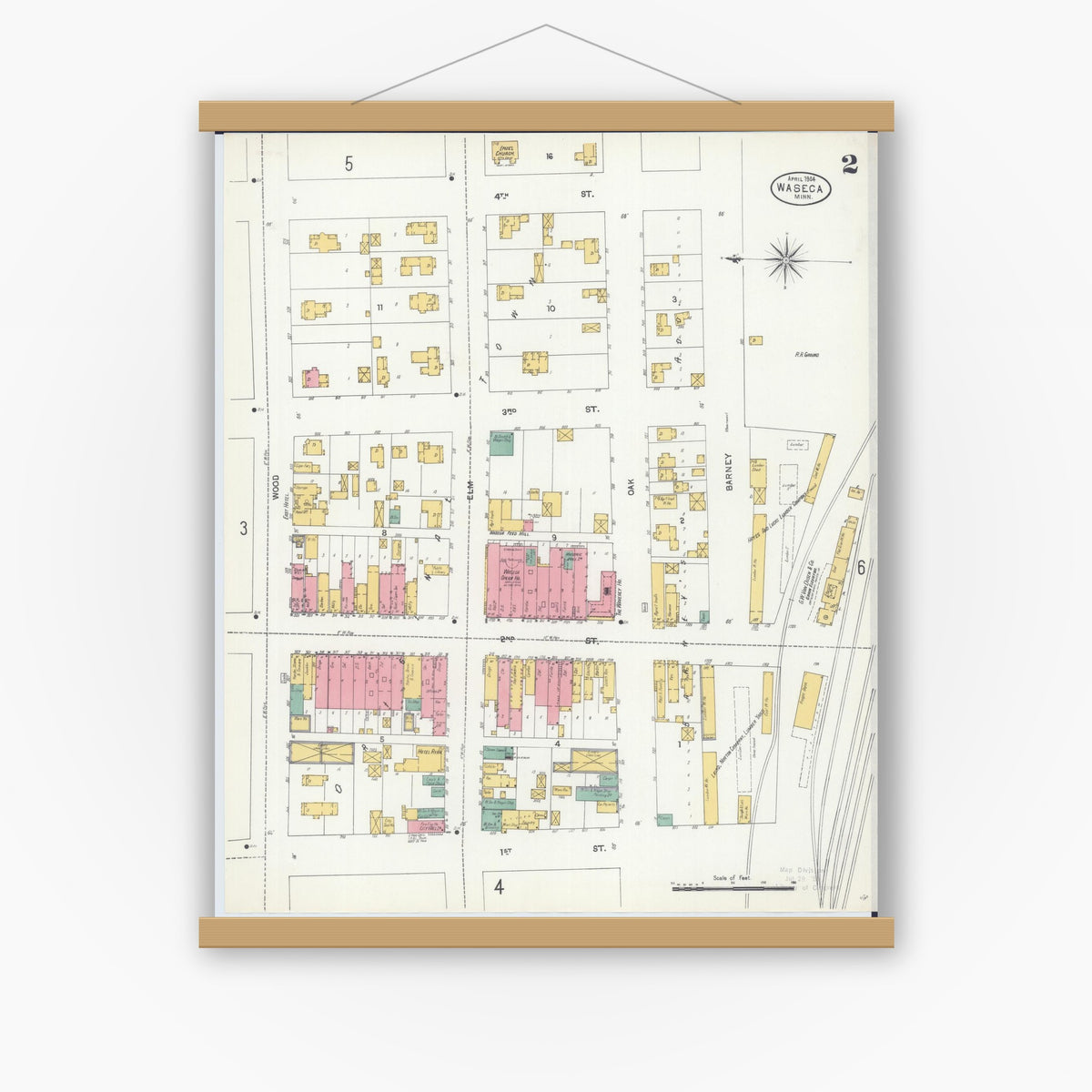 Old map wall art mockup — magnetic wood frame on white wall — Sanborn Fire Insurance Map from Waseca, Waseca County, Minnesota (1904), Sheet #0002