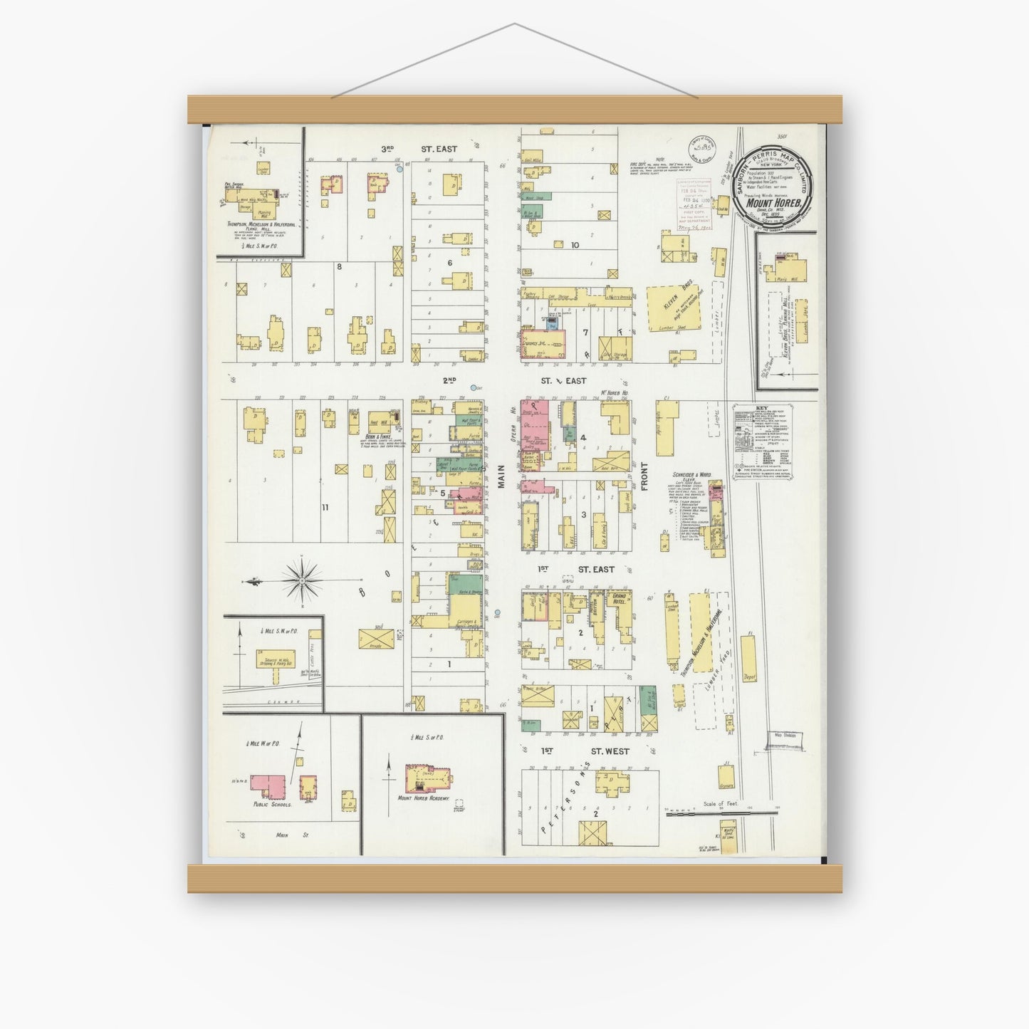 Old map wall art mockup — magnetic wood frame on white wall — Sanborn Fire Insurance Map from Mount Horeb, Dane County, Wisconsin (1899), Sheet #0001