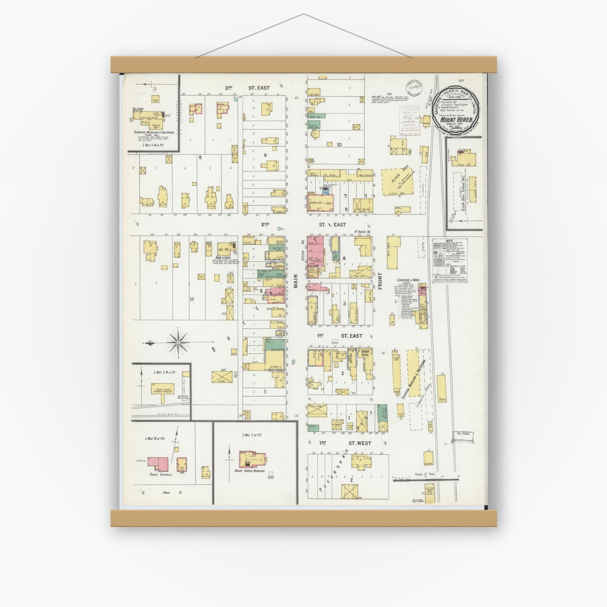 Old map wall art mockup — magnetic wood frame on white wall — Sanborn Fire Insurance Map from Mount Horeb, Dane County, Wisconsin (1899), Sheet #0001