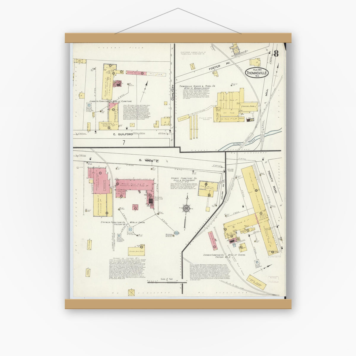 Old map wall art mockup — magnetic wood frame on white wall — Sanborn Fire Insurance Map from Thomasville, Davidson County, North Carolina (1913), Sheet #0008