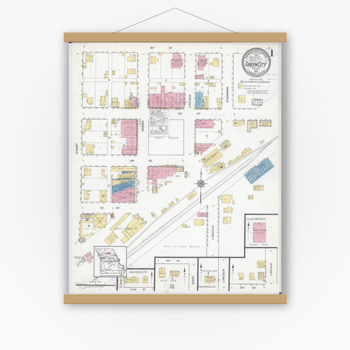 Old map wall art mockup — magnetic wood frame on white wall — Sanborn Fire Insurance Map from Green City, Sullivan County, Missouri (1917), Sheet #0001