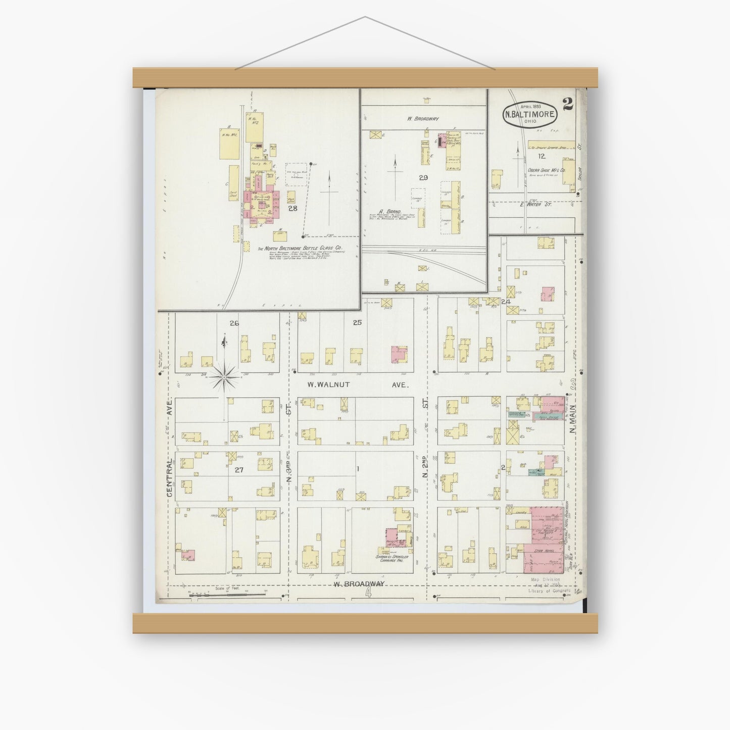 Old map wall art mockup — magnetic wood frame on white wall — Sanborn Fire Insurance Map from North Baltimore, Wood County, Ohio (1893), Sheet #0002
