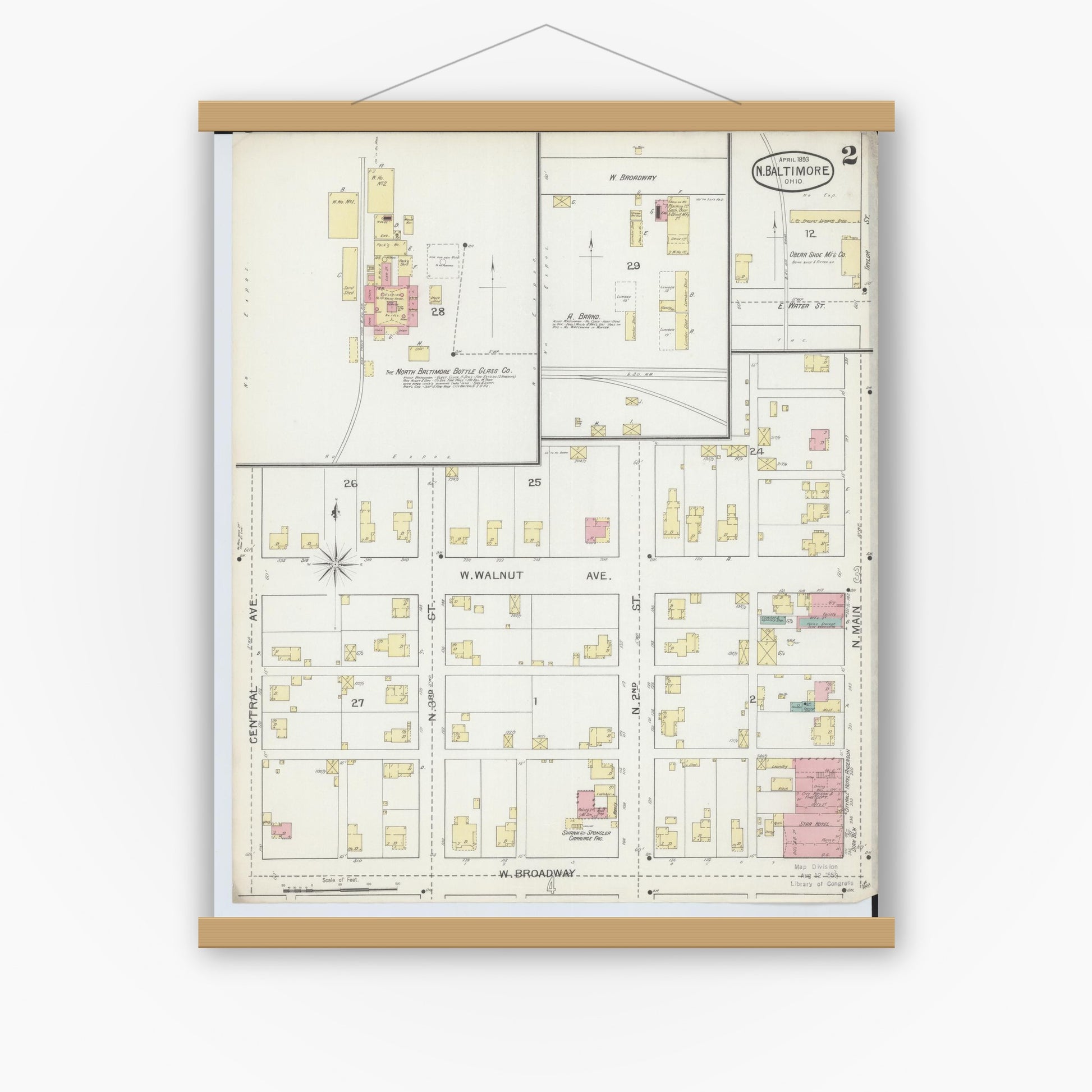 Old map wall art mockup — magnetic wood frame on white wall — Sanborn Fire Insurance Map from North Baltimore, Wood County, Ohio (1893), Sheet #0002