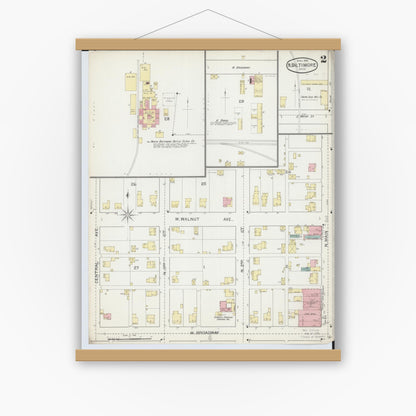 Old map wall art mockup — magnetic wood frame on white wall — Sanborn Fire Insurance Map from North Baltimore, Wood County, Ohio (1893), Sheet #0002
