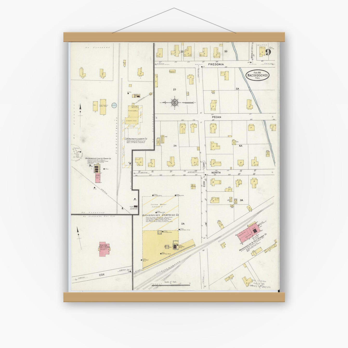Old map wall art mockup — magnetic wood frame on white wall — Sanborn Fire Insurance Map from Nacogdoches, Nacogdoches County, Texas (1912), Sheet #0009