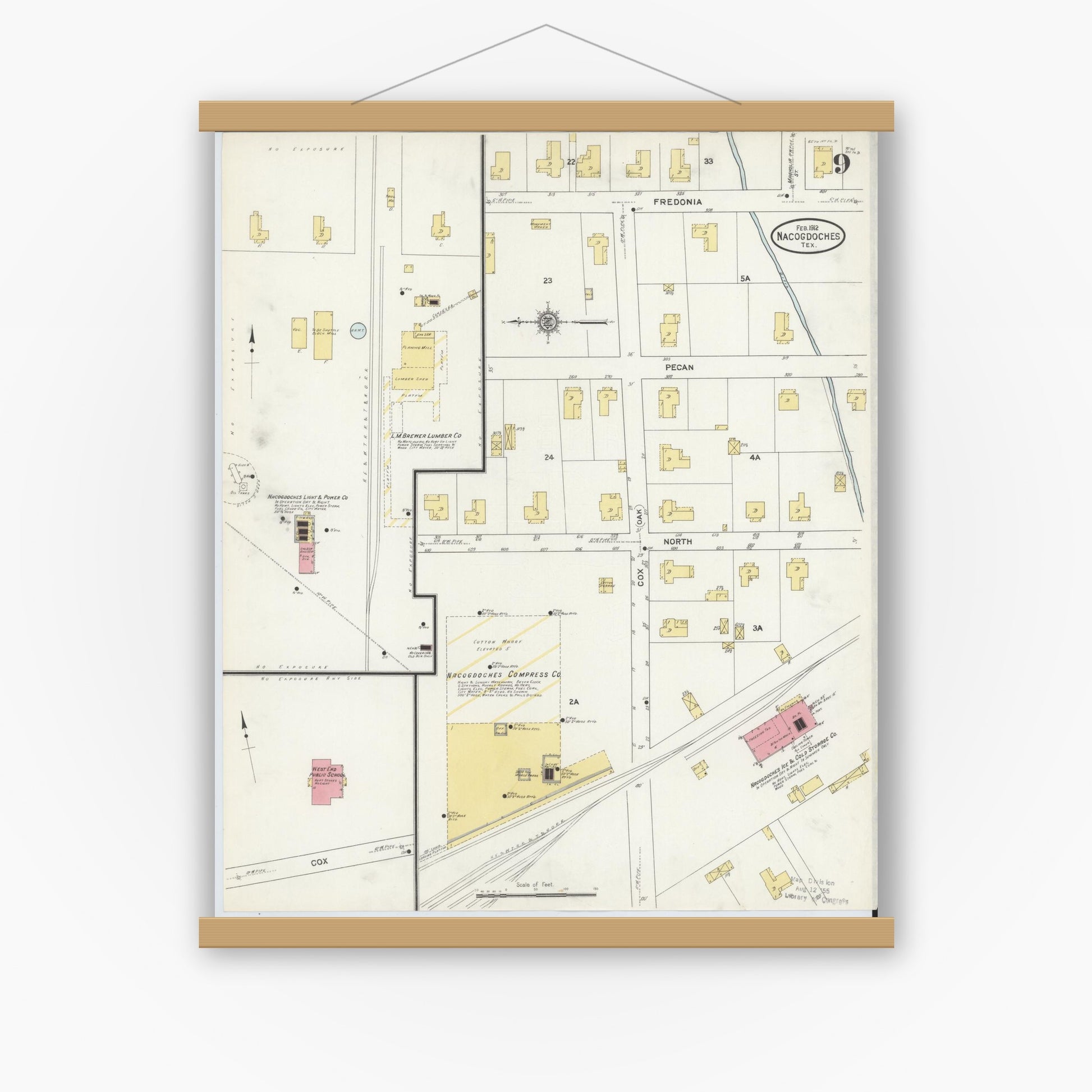 Old map wall art mockup — magnetic wood frame on white wall — Sanborn Fire Insurance Map from Nacogdoches, Nacogdoches County, Texas (1912), Sheet #0009