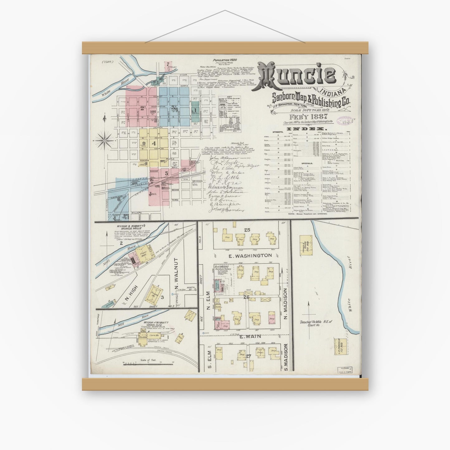 Old map wall art mockup — magnetic wood frame on white wall — Sanborn Fire Insurance Map from Muncie, Delaware County, Indiana (1887), Sheet #0001