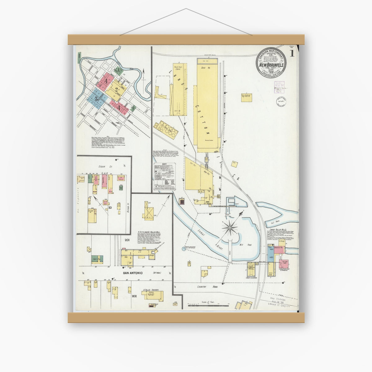 Old map wall art mockup — magnetic wood frame on white wall — Sanborn Fire Insurance Map from New Braunfels, Comal County, Texas (1902), Sheet #0001