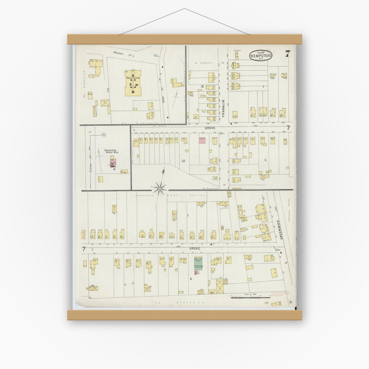 Old map wall art mockup — magnetic wood frame on white wall — Sanborn Fire Insurance Map from Hempstead, Nassau County, New York (1897), Sheet #0007