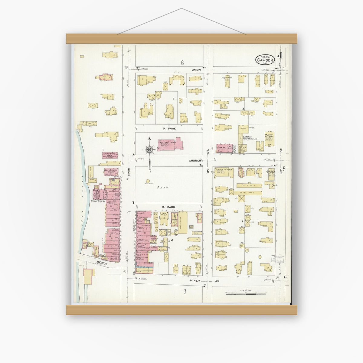 Old map wall art mockup — magnetic wood frame on white wall — Sanborn Fire Insurance Map from Camden, Oneida County, New York (1912), Sheet #0004