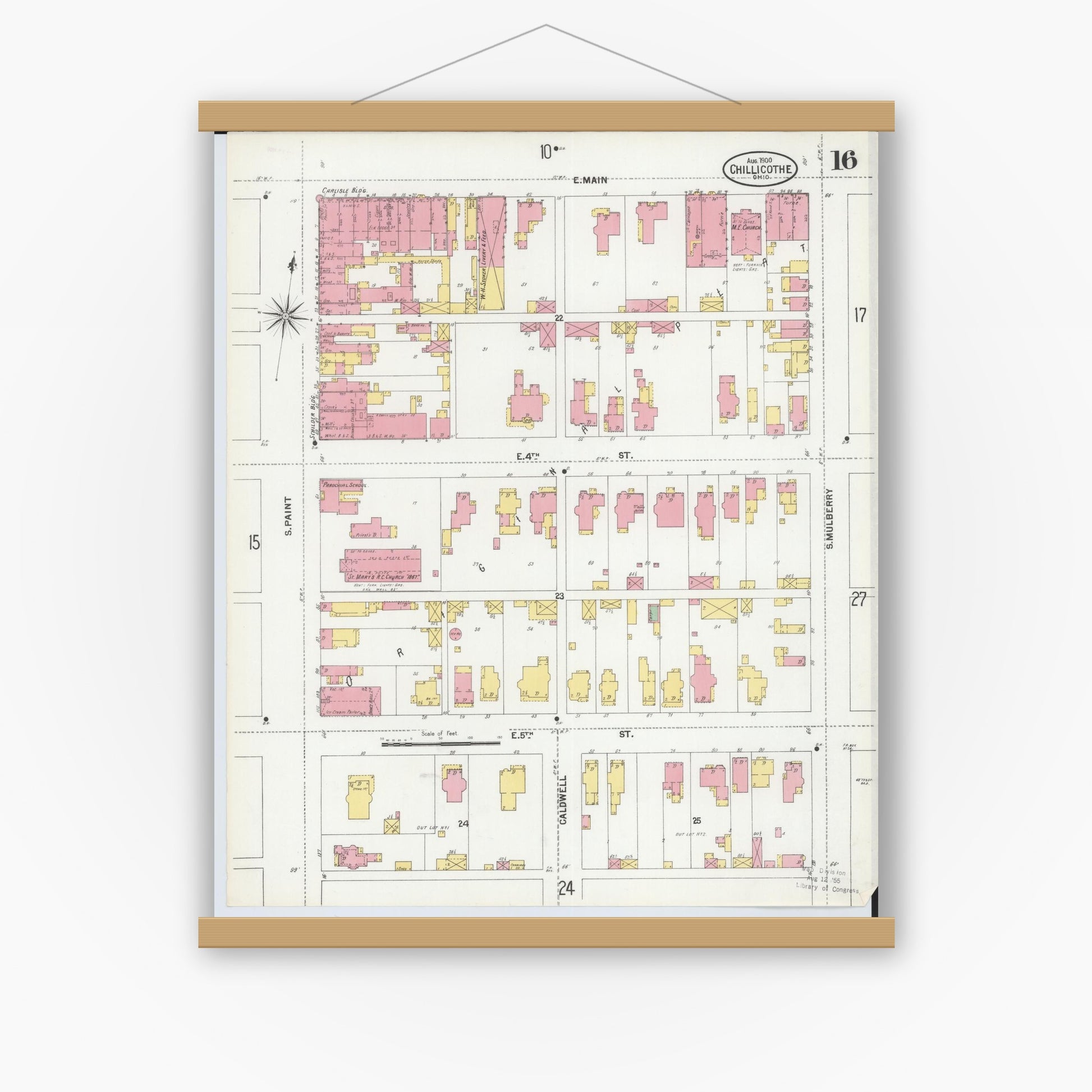 Old map wall art mockup — magnetic wood frame on white wall — Sanborn Fire Insurance Map from Chillicothe, Ross County, Ohio (1900), Sheet #0016