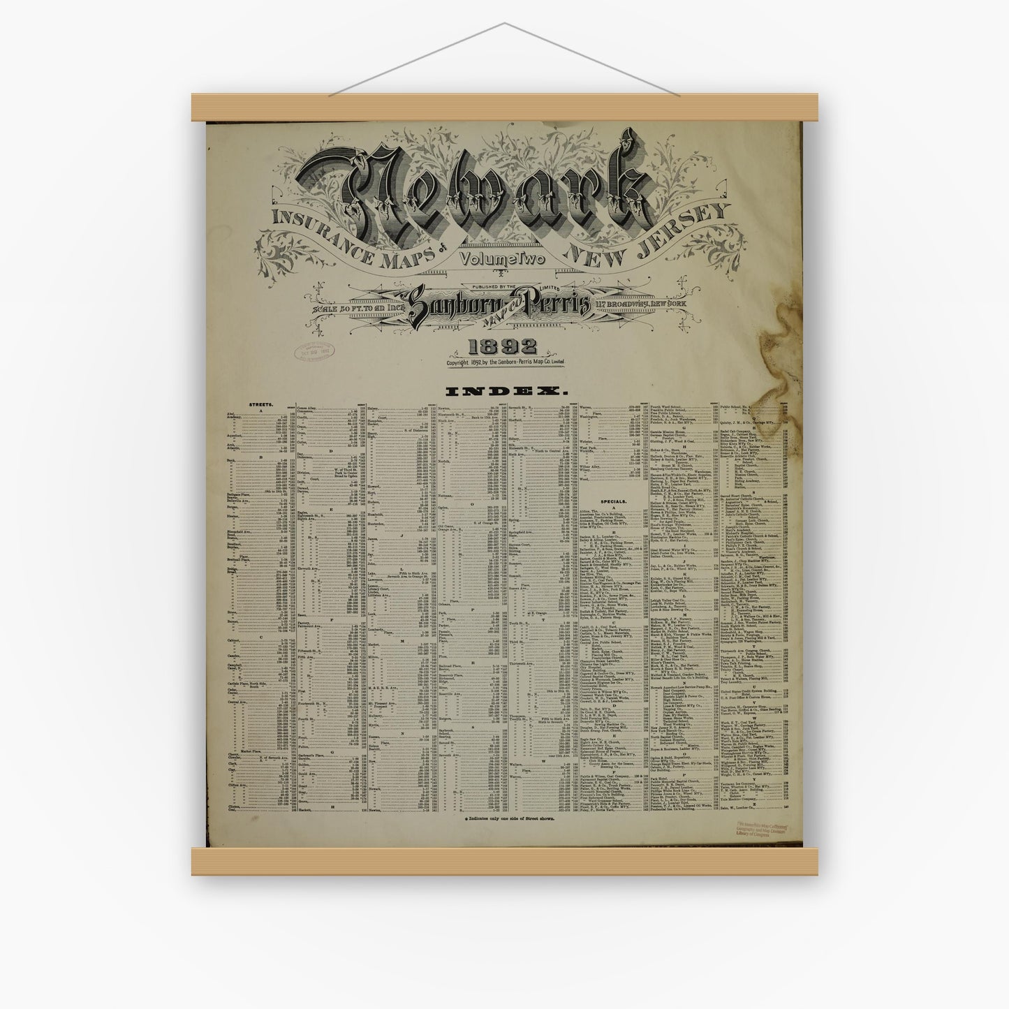 Old map wall art mockup — magnetic wood frame on white wall — Sanborn Fire Insurance Map from Newark, Essex County, New Jersey (1892), Sheet #0001