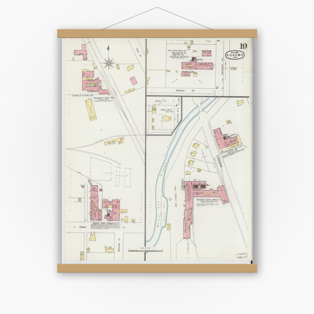 Old map wall art mockup — magnetic wood frame on white wall — Sanborn Fire Insurance Map from Kokomo, Howard County, Indiana (1896), Sheet #0019