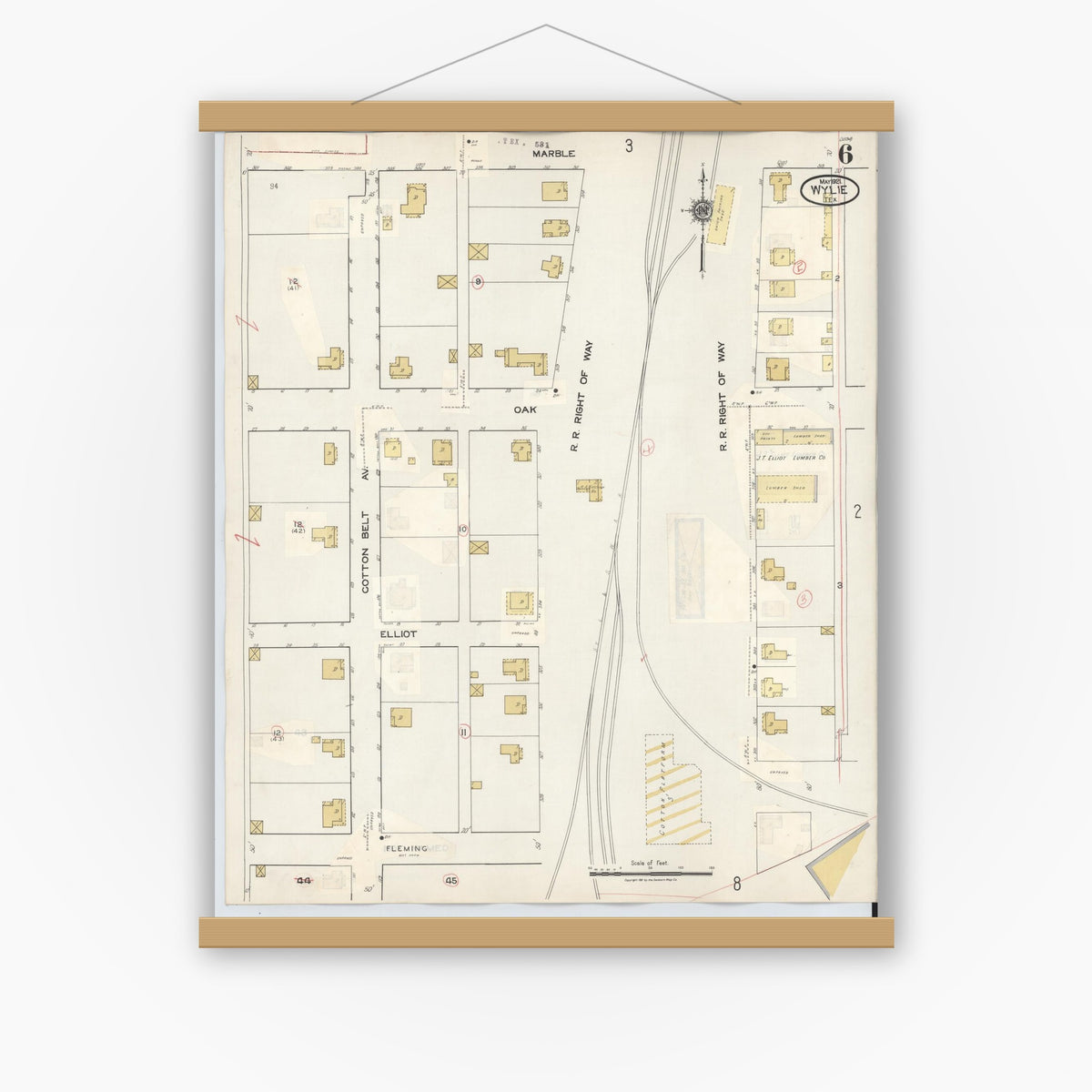 Old map wall art mockup — magnetic wood frame on white wall — Sanborn Fire Insurance Map from Wylie, Collin County, Texas (1934), Sheet #0006