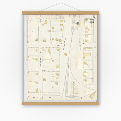Old map wall art mockup — magnetic wood frame on white wall — Sanborn Fire Insurance Map from Wylie, Collin County, Texas (1934), Sheet #0006