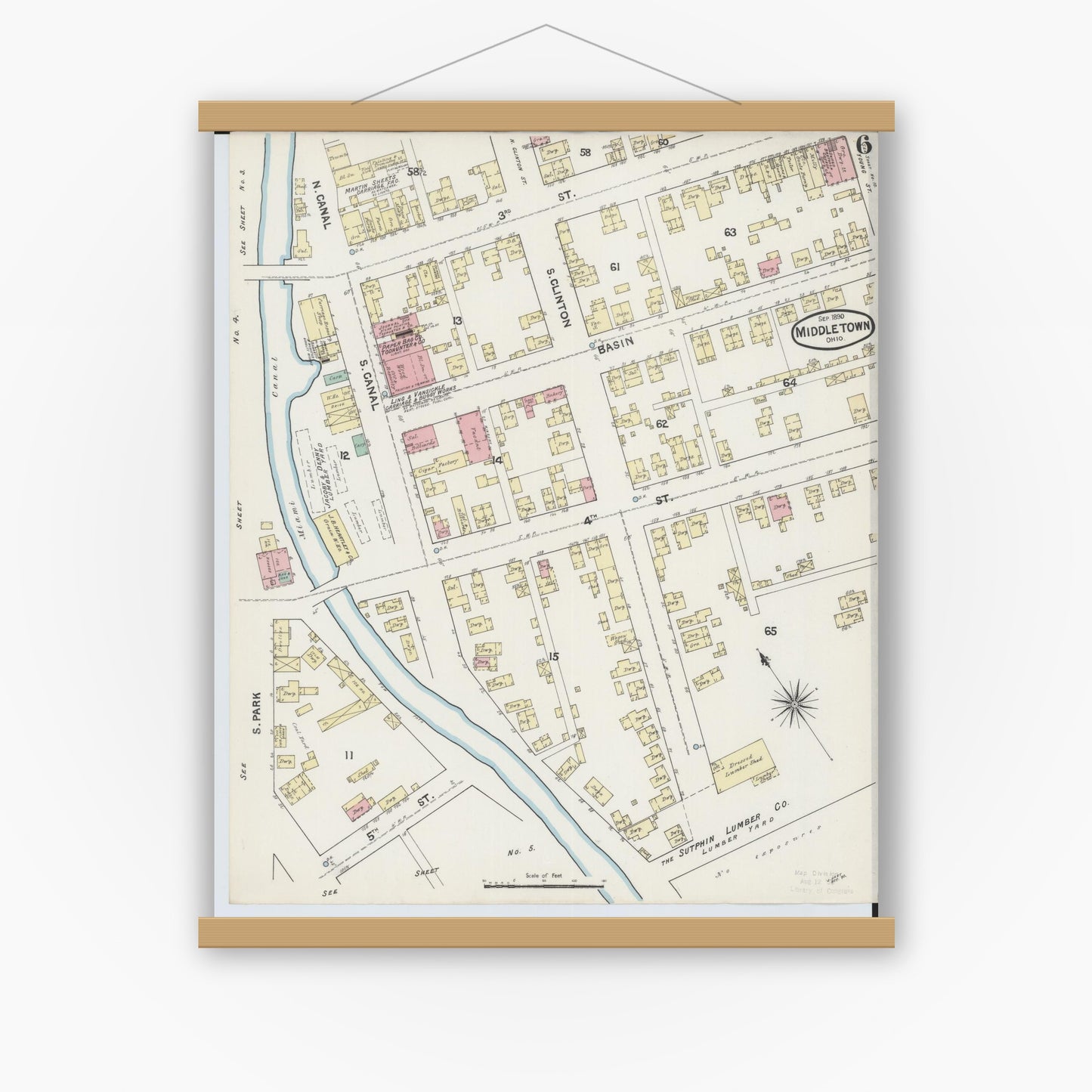 Old map wall art mockup — magnetic wood frame on white wall — Sanborn Fire Insurance Map from Middletown, Butler County, Ohio (1890), Sheet #0006