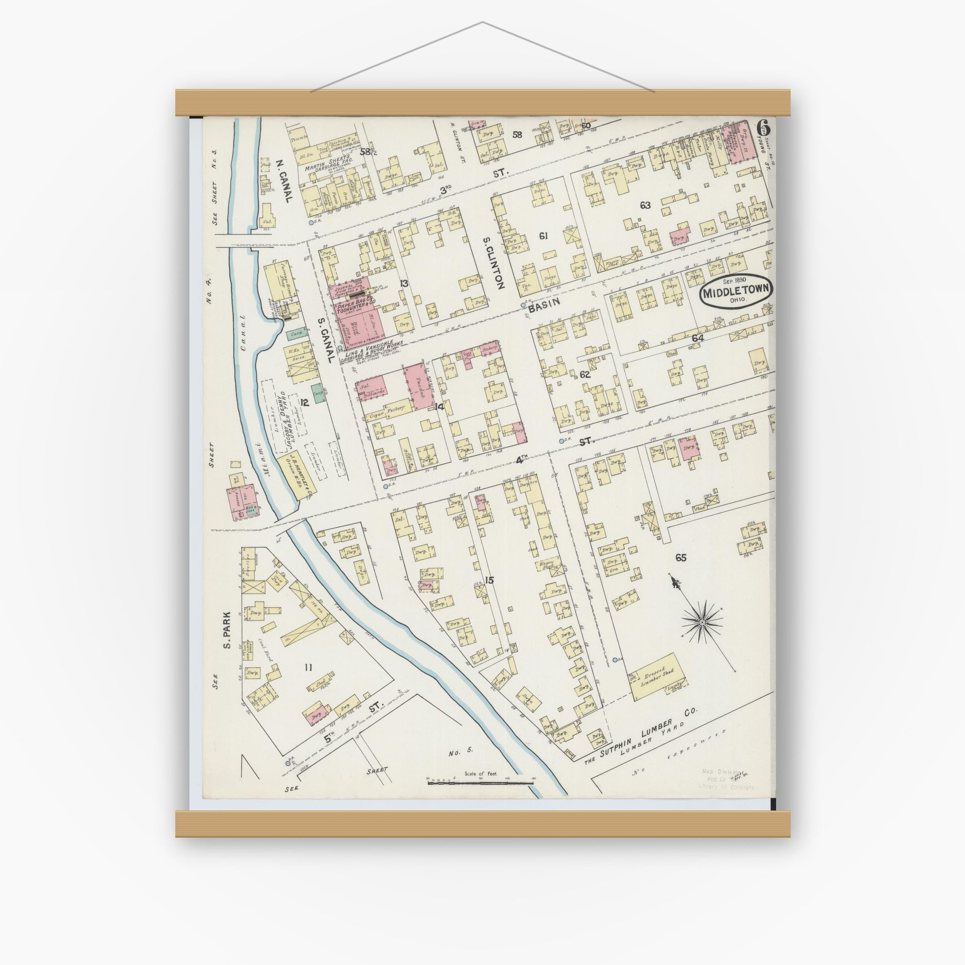 Old map wall art mockup — magnetic wood frame on white wall — Sanborn Fire Insurance Map from Middletown, Butler County, Ohio (1890), Sheet #0006