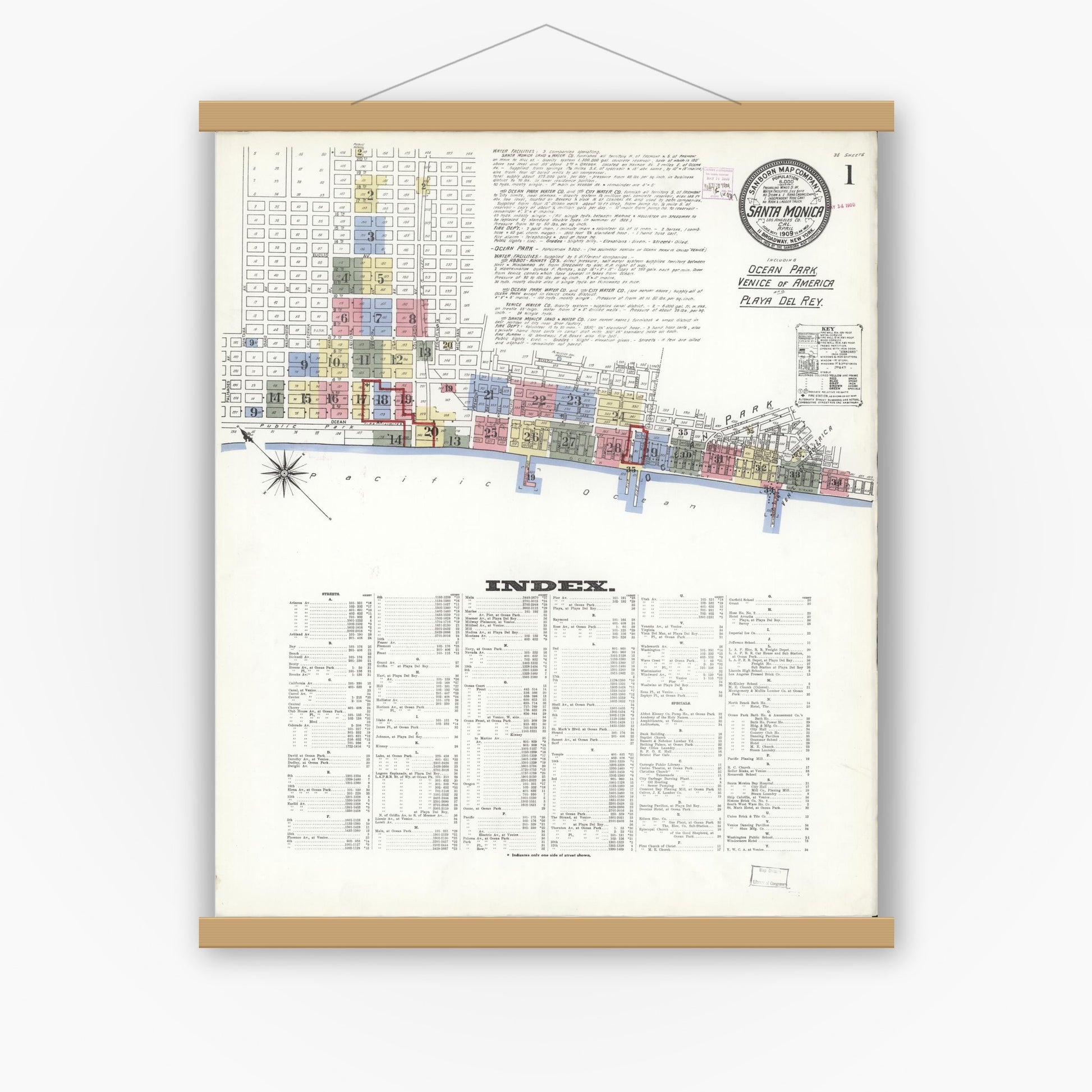Old map wall art mockup — magnetic wood frame on white wall — Sanborn Fire Insurance Map from Santa Monica, Los Angeles County, California (1909) - Complete Map Set