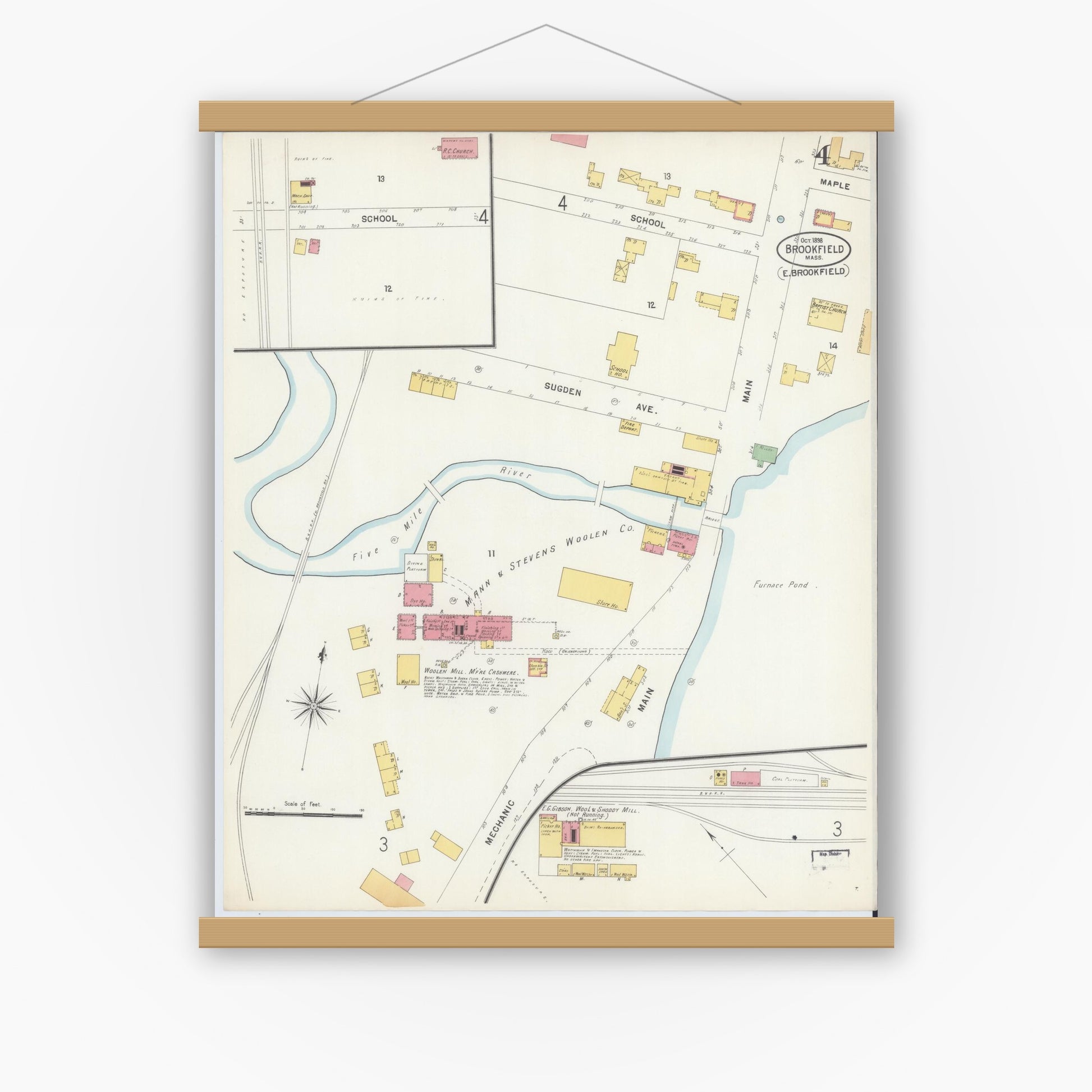 Old map wall art mockup — magnetic wood frame on white wall — Sanborn Fire Insurance Map from Brookfield, Worcester County, Massachusetts (1898), Sheet #0004