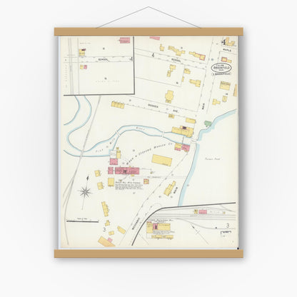 Old map wall art mockup — magnetic wood frame on white wall — Sanborn Fire Insurance Map from Brookfield, Worcester County, Massachusetts (1898), Sheet #0004
