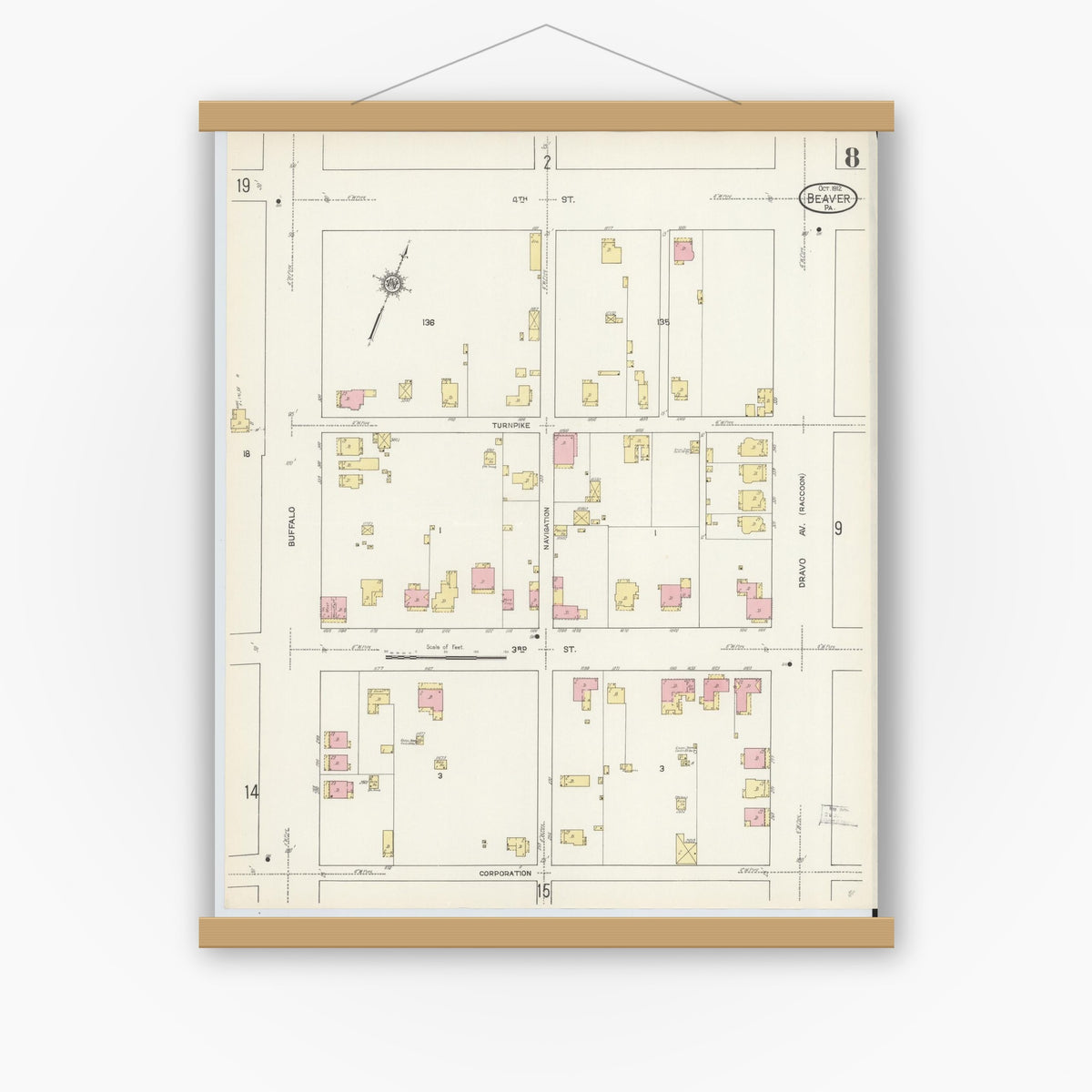Old map wall art mockup — magnetic wood frame on white wall — Sanborn Fire Insurance Map from Beaver, Beaver County, Pennsylvania (1912), Sheet #0008