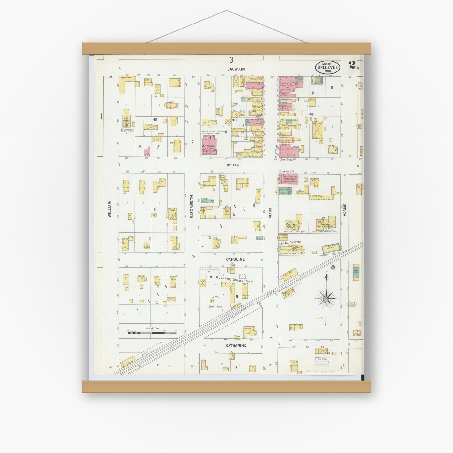 Old map wall art mockup — magnetic wood frame on white wall — Sanborn Fire Insurance Map from Bellevue, Eaton County, Michigan (1901), Sheet #0002