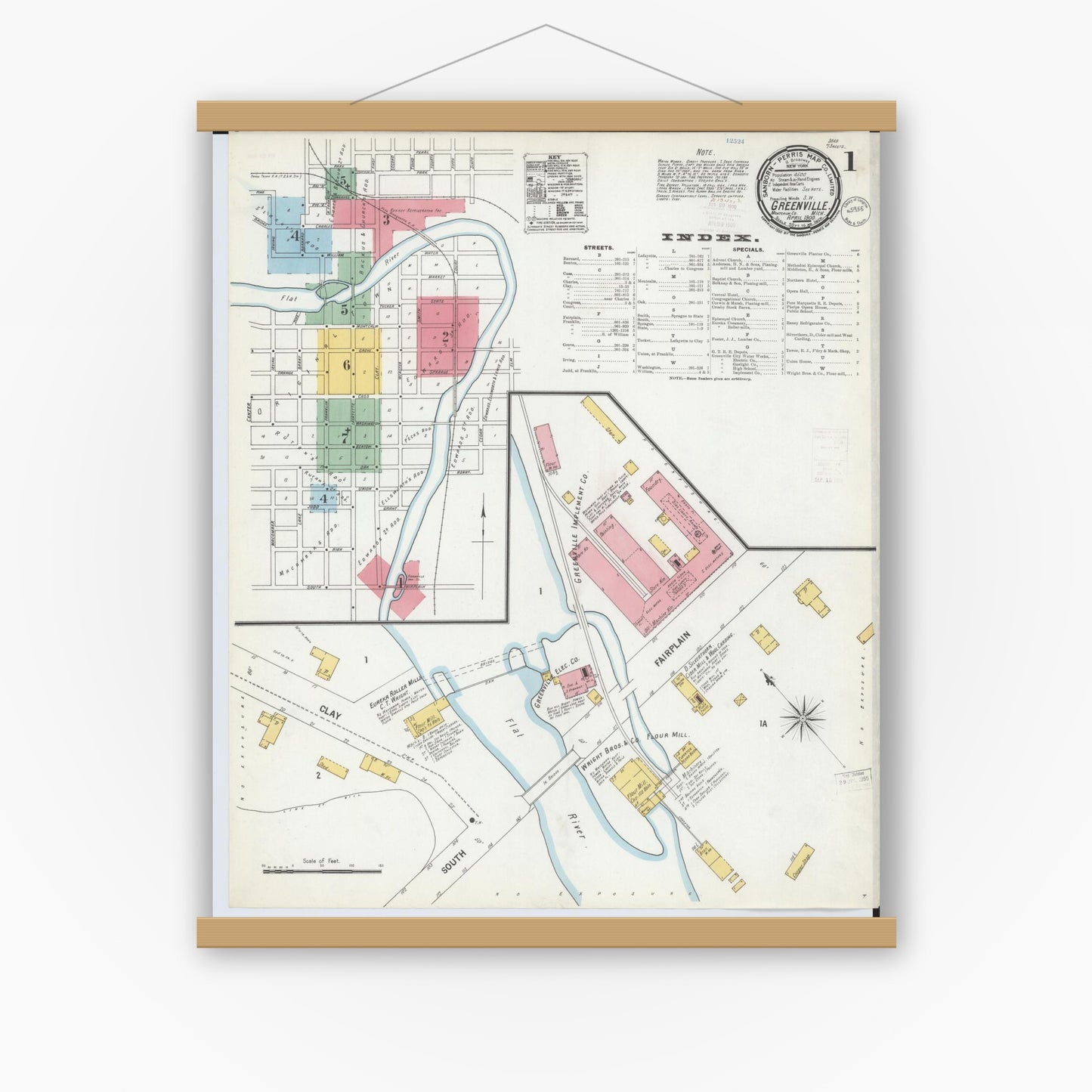 Old map wall art mockup — magnetic wood frame on white wall — Sanborn Fire Insurance Map from Greenville, Montcalm County, Michigan (1900) - Complete Map Set